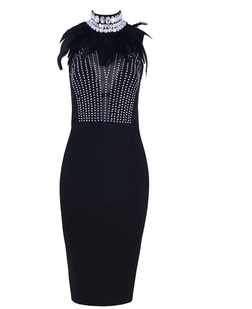 Robe De Luxe Sans Manches Noir Plume avec Diamant-robe-Adrienne&Sandrine